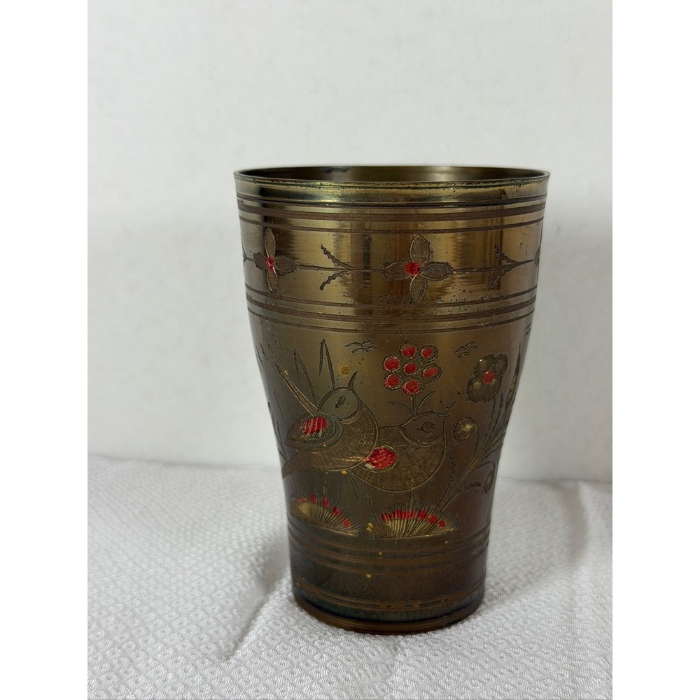 Vintage Etched Brass Tumbler Floral Bird Design C-10